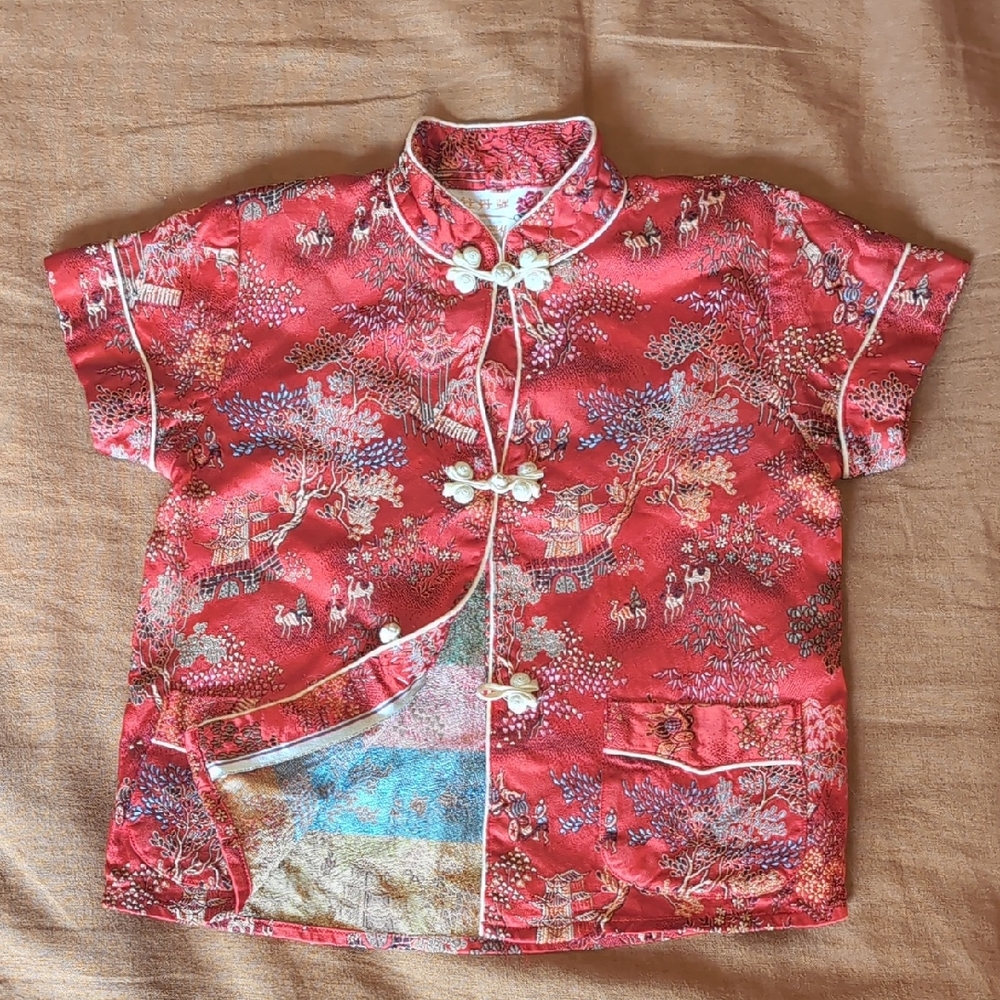 Traditional Red Kids Shirt with Floral Design